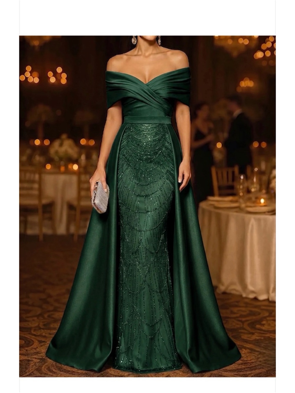 Off-Shoulder Emerald Green Evening Wedding Gown